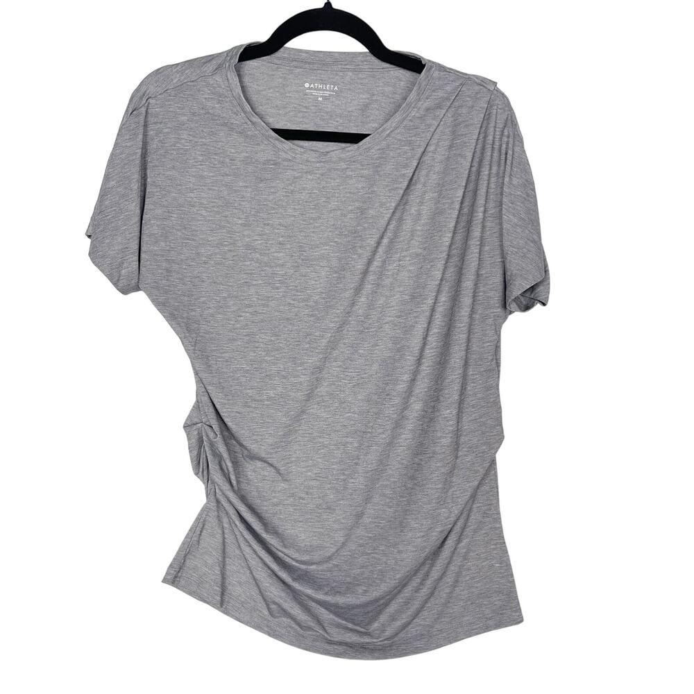 Athleta Medium M Gray Essence Pleated Tee Side Ruched Short Sleeve Round Neck